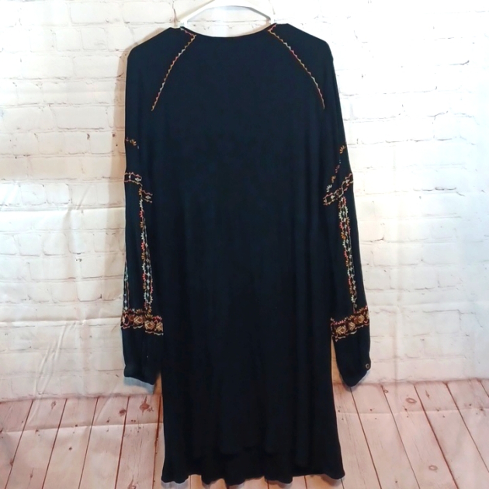 Knox Rose Y2K Boho Krinkle Black Peasant Embroidery Midi Dress XXL Vintage - Picture 4 of 12
